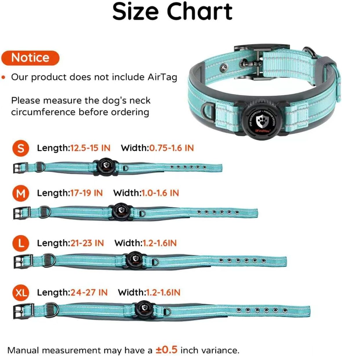 Dog Collar with Airtag Holder for Medium Dogs, Upgraded Waterproof Air Tag Dog Collar Widened Comfortable Padded, Reflective, Ultra-Durable, Heavy Duty Dog Collars Adjustable - M(17" - 19") Cyan