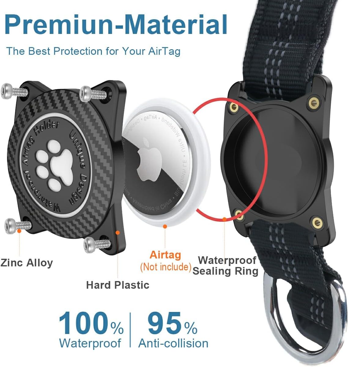 Airtag Dog Collar, Waterproof Air Tag Holder Dog Collar, Luminous & Reflective, Comfortable Padded, Adjustable Pet Collar for Small Medium Large Heavy Duty Dogs,Black, S