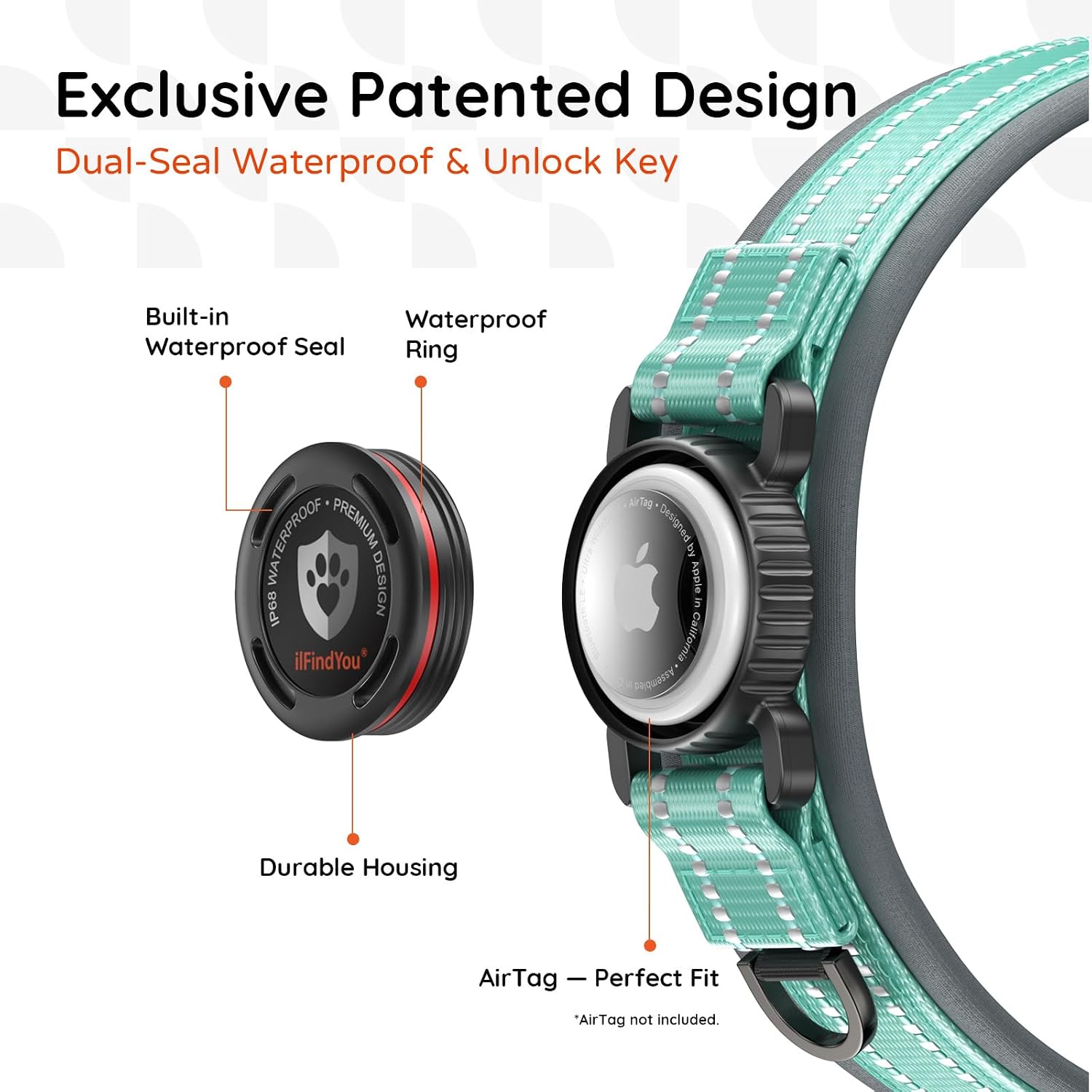 Dog Collar with Airtag Holder for Medium Dogs, Upgraded Waterproof Air Tag Dog Collar Widened Comfortable Padded, Reflective, Ultra-Durable, Heavy Duty Dog Collars Adjustable - M(17" - 19") Cyan