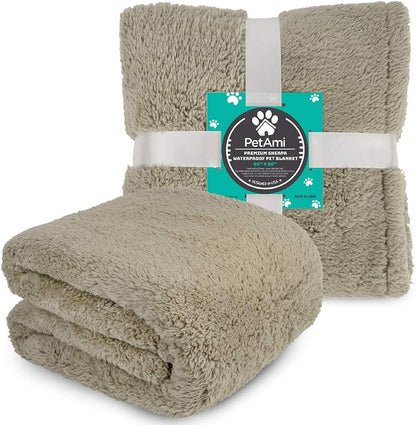 Fluffy Waterproof Dog Blanket for Couch and Bed, Reversible Sherpa Pet Throw, Pee Proof Furniture Protector Sofa Cover, Washable Cat Blanket for Medium Large Dogs and Cats (Taupe Camel, 60X80)