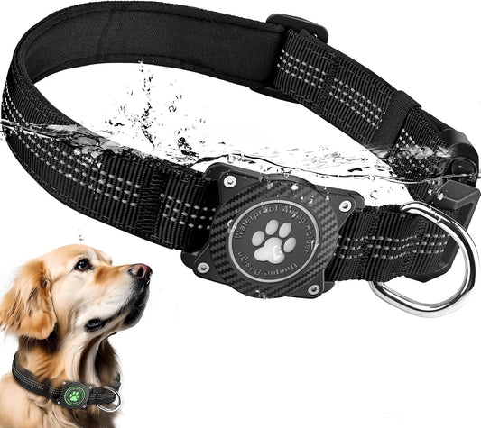 Airtag Dog Collar, Waterproof Air Tag Holder Dog Collar, Luminous & Reflective, Comfortable Padded, Adjustable Pet Collar for Small Medium Large Heavy Duty Dogs,Black, S