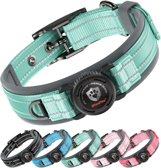 Dog Collar with Airtag Holder for Medium Dogs, Upgraded Waterproof Air Tag Dog Collar Widened Comfortable Padded, Reflective, Ultra-Durable, Heavy Duty Dog Collars Adjustable - M(17" - 19") Cyan
