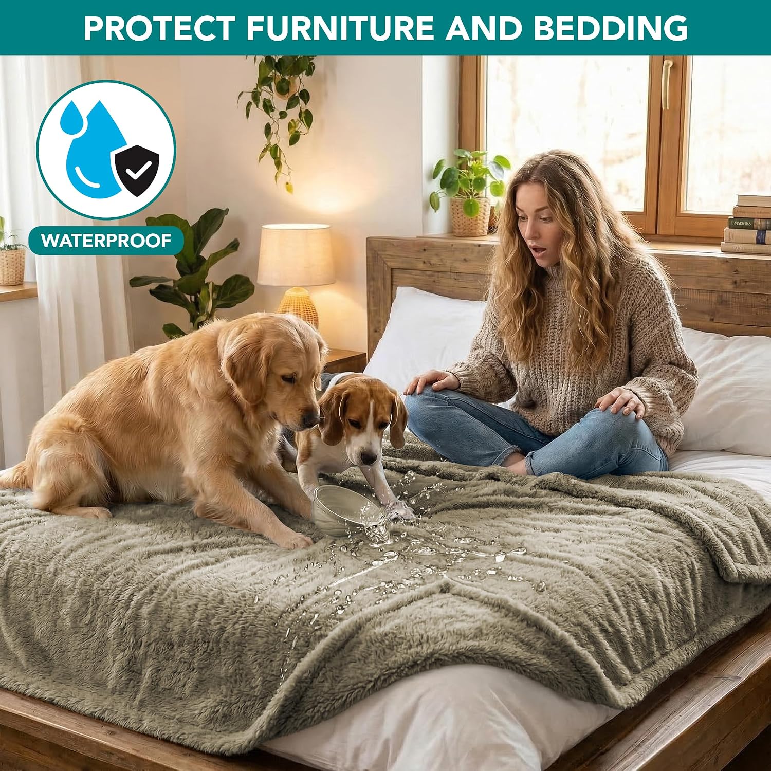 Fluffy Waterproof Dog Blanket for Couch and Bed, Reversible Sherpa Pet Throw, Pee Proof Furniture Protector Sofa Cover, Washable Cat Blanket for Medium Large Dogs and Cats (Taupe Camel, 60X80)