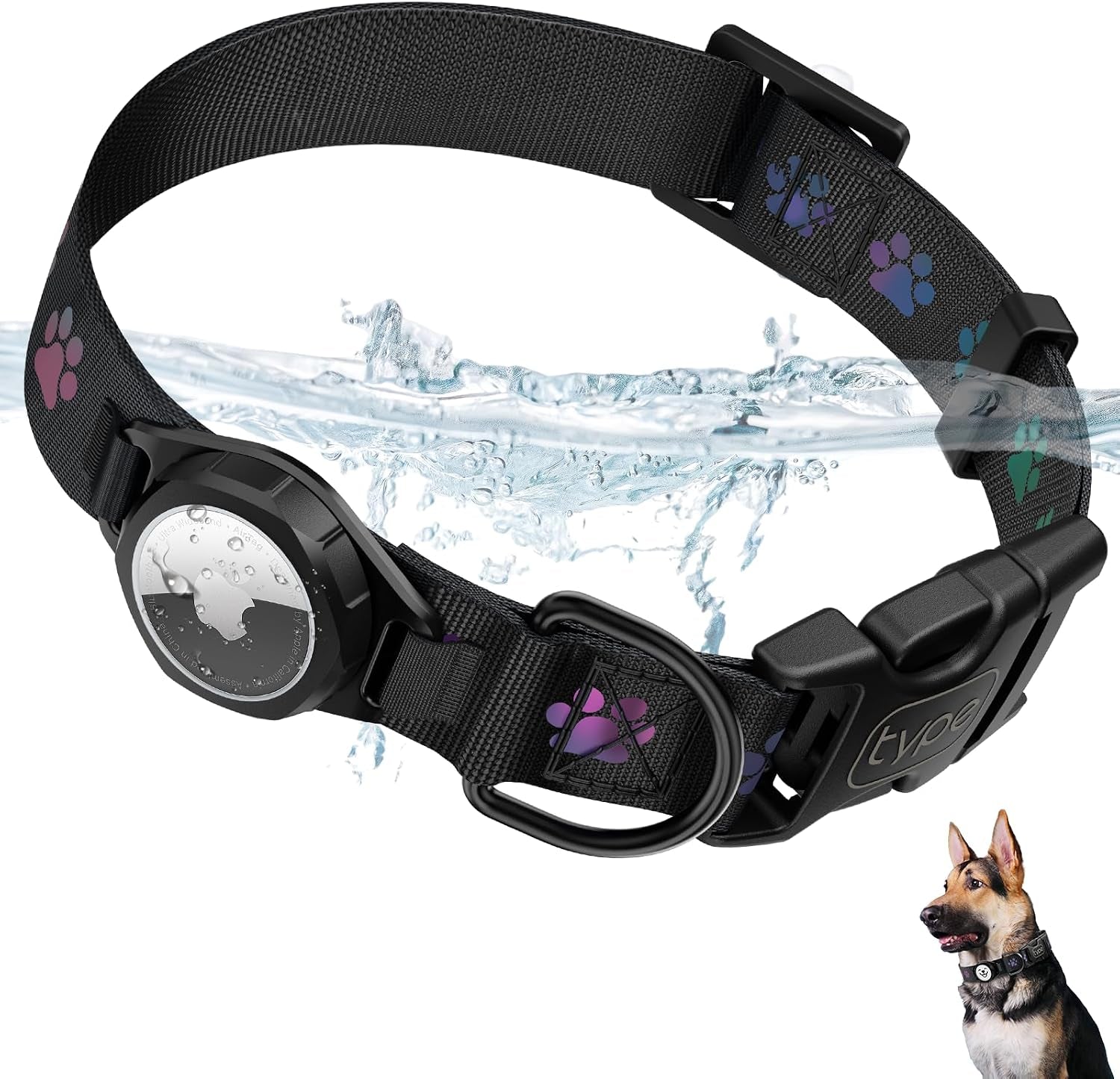 Dog Collar with Airtag Holder, IP67 Waterproof Reflective Airtag Dog Collars for Medium & Large Dogs, Adjustable Pet Collar with Twist-Lock Holder & Green Glow for Night (Black, XL, 18.1"-27.95")
