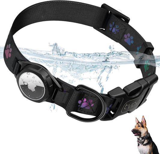 Dog Collar with Airtag Holder, IP67 Waterproof Reflective Airtag Dog Collars for Medium & Large Dogs, Adjustable Pet Collar with Twist-Lock Holder & Green Glow for Night (Black, XL, 18.1"-27.95")