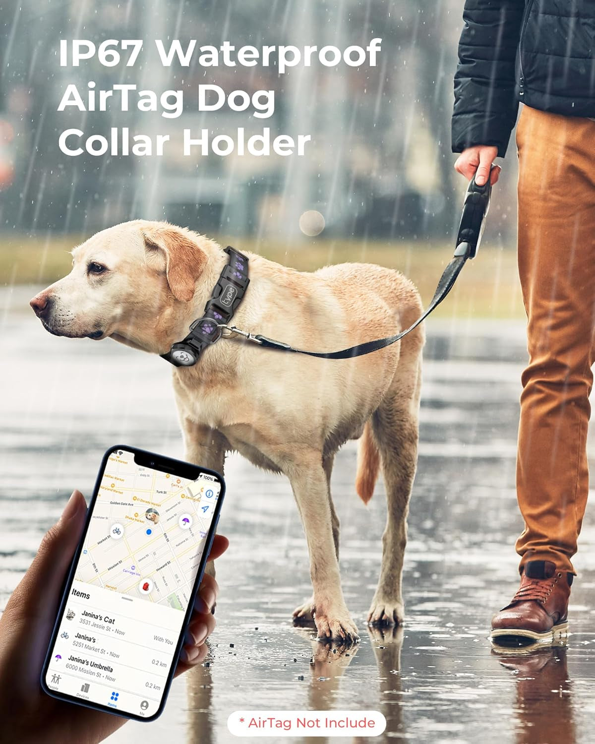 Dog Collar with Airtag Holder, IP67 Waterproof Reflective Airtag Dog Collars for Medium & Large Dogs, Adjustable Pet Collar with Twist-Lock Holder & Green Glow for Night (Black, XL, 18.1"-27.95")